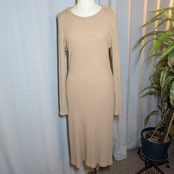 Reformation Wednesday Dress Midi Camel Tan Ribbed Long Sleeve Stretch Large - Picture 2 of 11